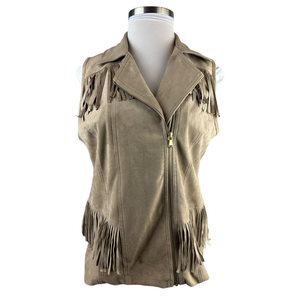 Chico's Faux Suede Fringe Vest Moto Zip Tan Size 2 Large 12 Fall Western Country - Picture 14 of 14
